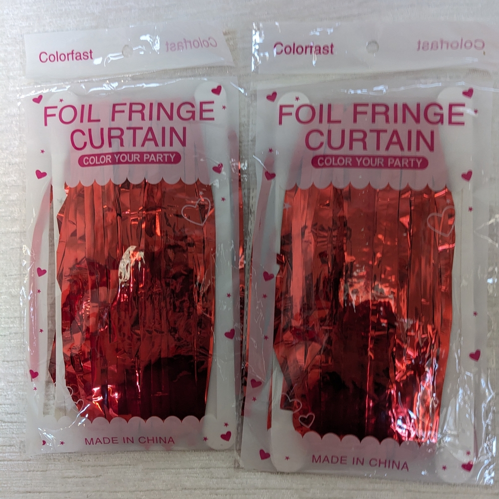 Red Foil Fringe Curtains Set Of Two, Each Is Roughly 3 Ft Wide And 6.5 Ft Long